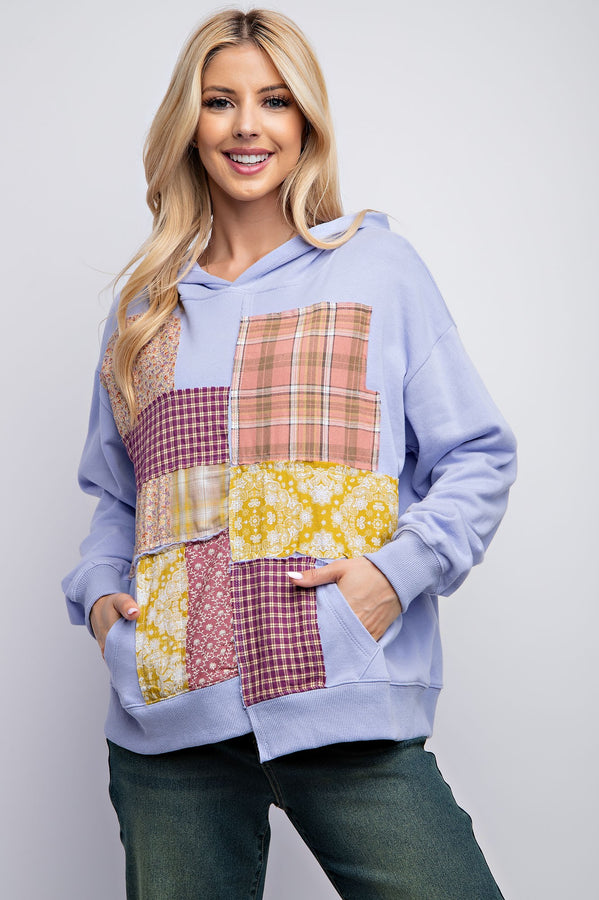 Easel Terry Knit Pullover with Patchwork Details in Lilac Blue Shirts & Tops Easel   