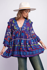 Easel Rayon Gauze Babydoll Tunic Top in Blueberry Shirts & Tops Easel   