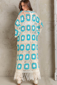 POL Long Crochet Sweater Cardigan in White/Blue Cardigan POL Clothing   