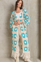 Load image into Gallery viewer, POL Long Crochet Sweater Cardigan in White/Blue Cardigan POL Clothing   
