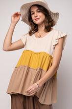 Load image into Gallery viewer, Easel Capped Sleeve Color Block Tiered Tunic Top in Mocha-FINAL SALE Top Easel   
