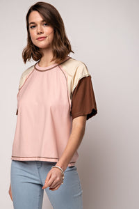 Easel Color Block Cotton Jersey Top in Blush Coco Top Easel   