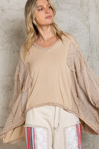 POL Oversize High Low Contrast V-Neck 3/4 Sleeve Top in Latte Shirts & Tops POL Clothing   