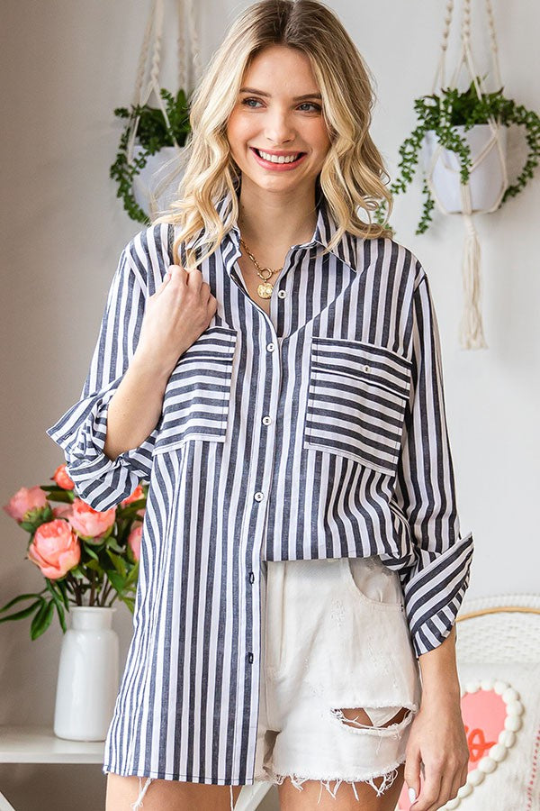 First Love Striped Button Down Shirt in Black Top First Love   