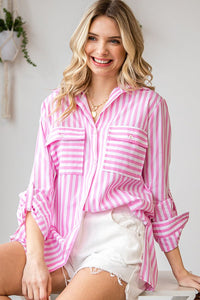 First Love Striped Button Down Shirt in Pink Top First Love   