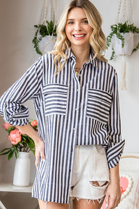 First Love Striped Button Down Shirt in Black Top First Love   