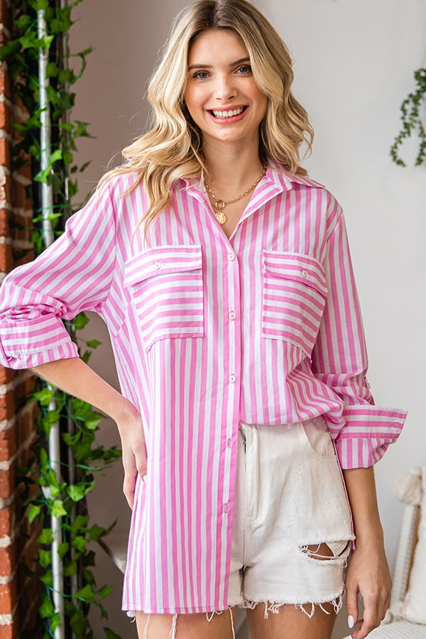 First Love Striped Button Down Shirt in Pink Top First Love   