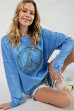 Load image into Gallery viewer, Easel Peace Sign Washed Terry Knit Pullover in Peri Blue Top Easel   
