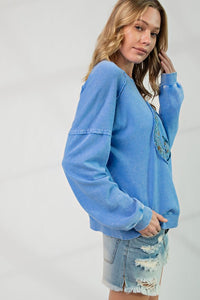 Easel Peace Sign Washed Terry Knit Pullover in Peri Blue Top Easel   