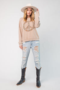 Easel Peace Sign Washed Terry Knit Pullover in Mushroom Top Easel   