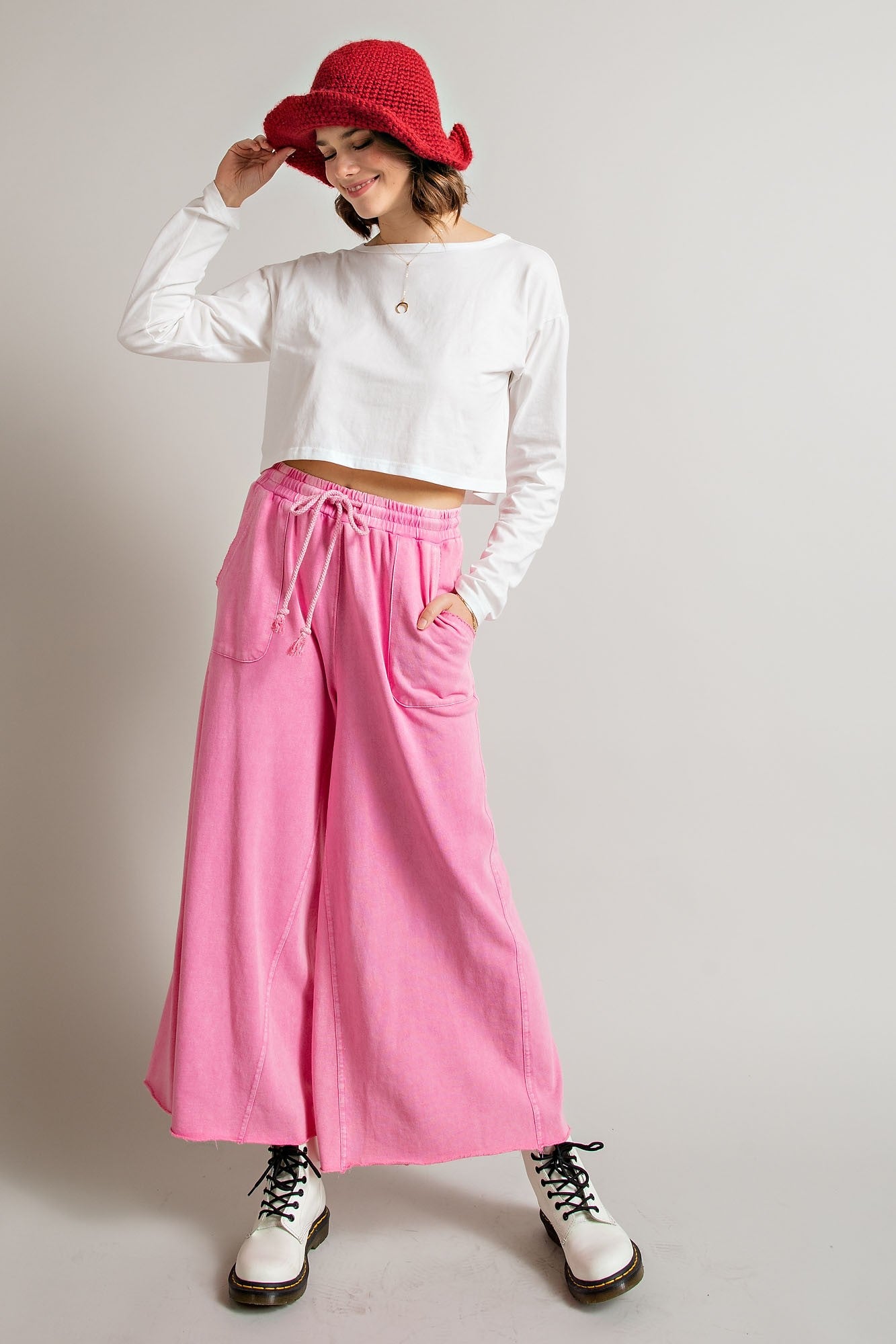 Easel Washed Terry Knit Wide Leg Pants in Barbie Pink – June Adel