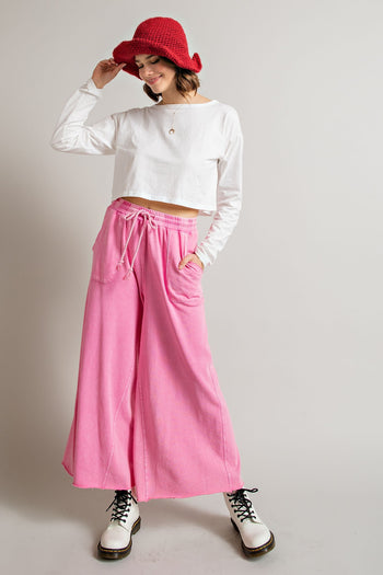 Easel Washed Terry Knit Wide Leg Pants in Barbie Pink Pants Easel   