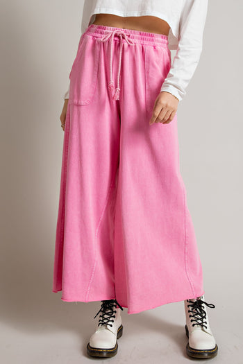 Easel Washed Terry Knit Wide Leg Pants in Barbie Pink Pants Easel   