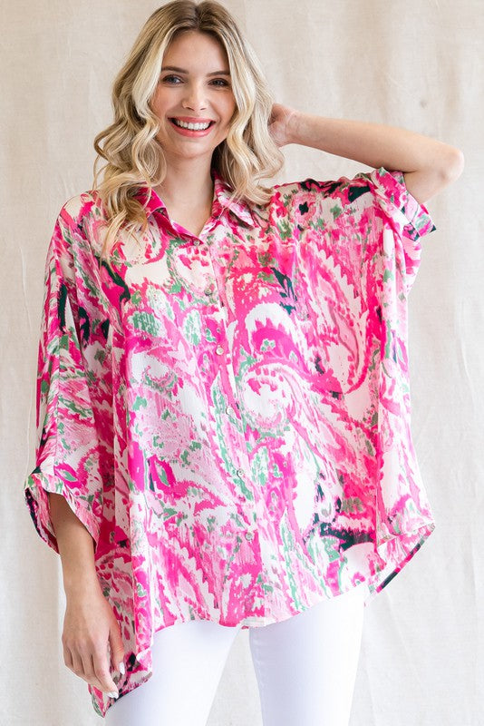 Jodifl Printed Button-up 3/4 Dolman Sleeves Top in Pink Mix Shirts & Tops Jodifl   