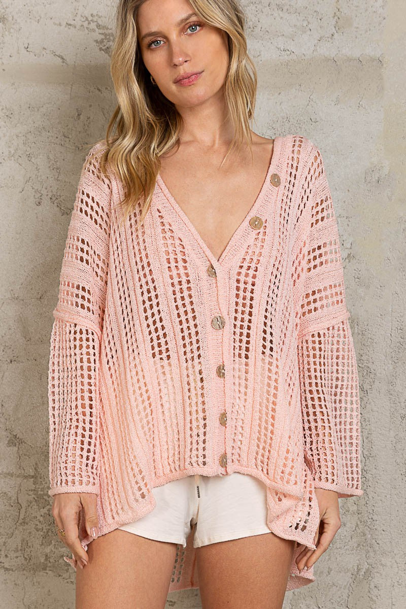 POL Oversized Button Down Cardigan Sweater Top in Strawberry Milk