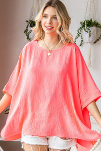 Solid Color Round Neck Dolman Sleeve Woven Top in Neon Pink Top First Love   