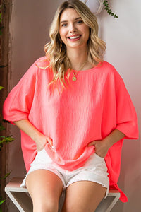 Solid Color Round Neck Dolman Sleeve Woven Top in Neon Pink Top First Love   