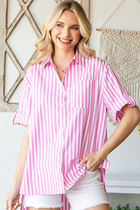 First Love Striped Button Down Shirt with 3/4 Sleeves in Pink Top First Love   