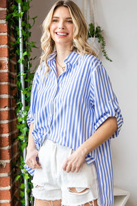 First Love Striped Button Down Shirt with 3/4 Sleeves in Blue Top First Love   