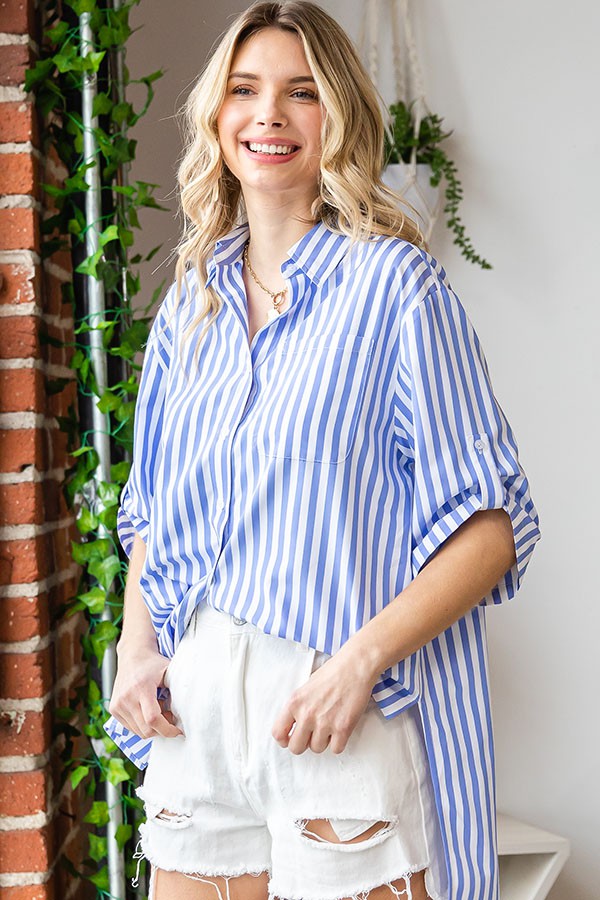 First Love Striped Button Down Shirt with 3/4 Sleeves in Blue Top First Love   