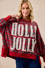 Load image into Gallery viewer, BiBi OVERSIZED Plaid Top with Sherpa Holly Jolly Patches in Red Plaid
