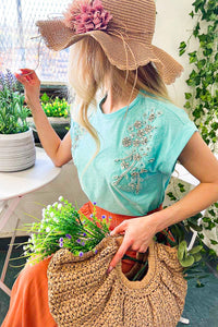 Vine & Love Solid Color Top with Rhinestone Details in Aqua Shirts & Tops Vine & Love   