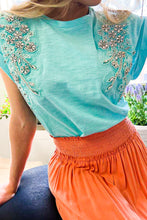 Load image into Gallery viewer, Vine &amp; Love Solid Color Top with Rhinestone Details in Aqua Shirts &amp; Tops Vine &amp; Love   
