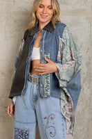 POL Oversized Contrasting Fabric Panel High Low Shirt in Black Denim Multi Top POL   
