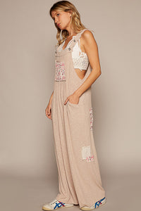 POL Loose Fit Jumpsuit with Floral Patchwork Details in Almond