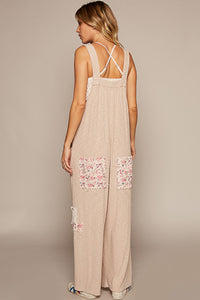 POL Loose Fit Jumpsuit with Floral Patchwork Details in Almond