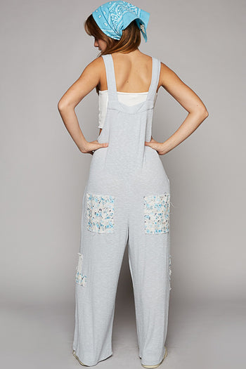 POL Loose Fit Jumpsuit with Floral Patchwork Details in Powder Blue