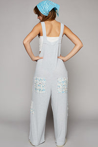 POL Loose Fit Jumpsuit with Floral Patchwork Details in Powder Blue