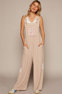 POL Loose Fit Jumpsuit with Floral Patchwork Details in Almond