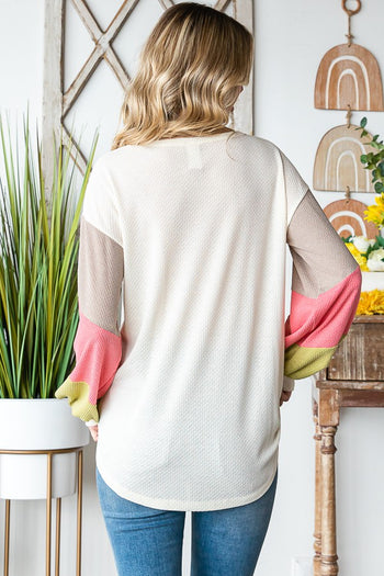 7th Ray Color Block Button Front Top in Cream