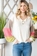 7th Ray Color Block Button Front Top in Cream