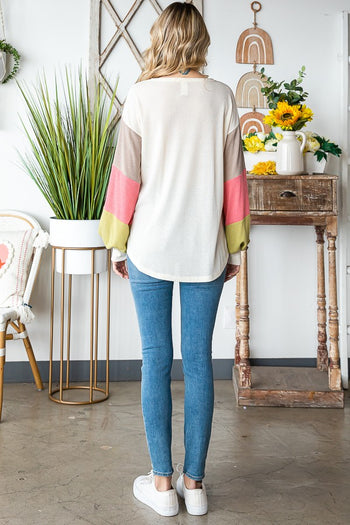 7th Ray Color Block Button Front Top in Cream