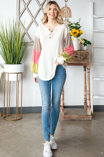 7th Ray Color Block Button Front Top in Cream