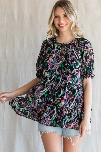 Jodifl Abstract Print Tiered Top in Black