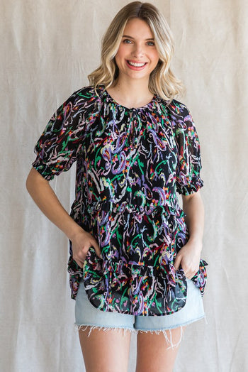 Jodifl Abstract Print Tiered Top in Black