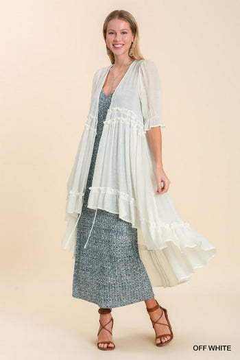 Umgee V-neck 3/4 Ruffle Sleeve Tiered Kimono Cardigan in Off White