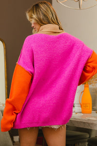 BiBi Turtle Neck Color Block Sweater in Latte/Orange/Magenta