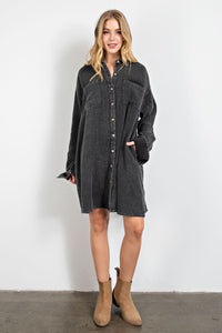 Easel Cotton Gauze Mineral Washed Shirt Dress in Smoke Dress Easel   