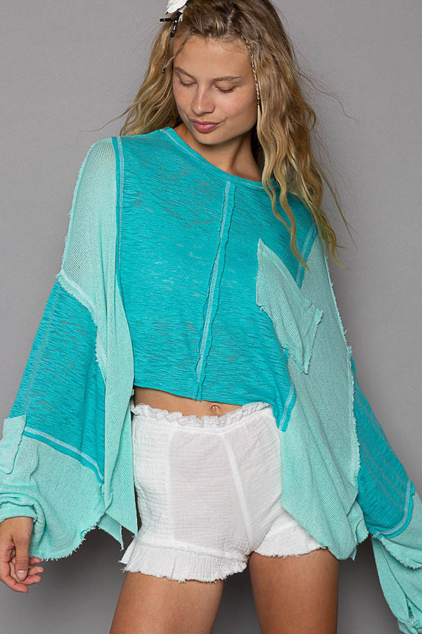 POL Oversized CROPPED Slub and Knit Top in Aqua Shirts & Tops POL Clothing   