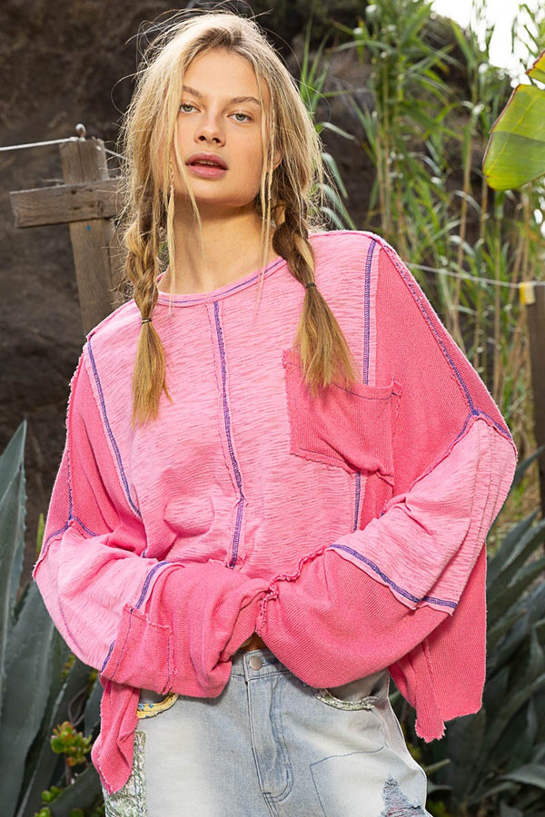 POL Oversized CROPPED Slub and Knit Top in Candy Pink Shirts & Tops POL Clothing   