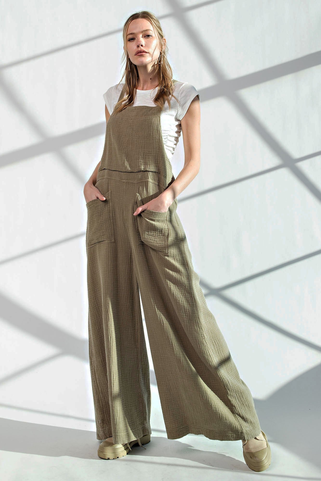 Easel Washed Cotton Jumpsuit/Overalls in Faded Olive – June Adel