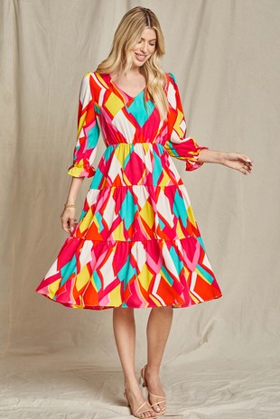 Beeson River Geo Patterned Tiered Dress in Hot Pink Dress Beeson River   