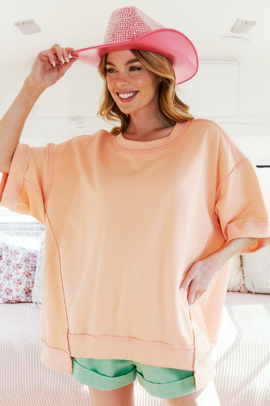 Fantastic Fawn Washed French Terry Short Sleeve Top in Peach Top Fantastic Fawn   