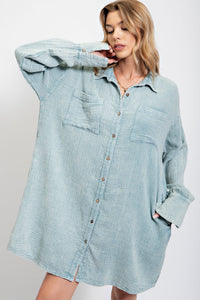 Easel Cotton Gauze Mineral Washed Shirt Dress in Cloud Blue Dress Easel   