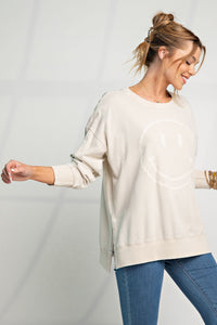 Easel Smiley Face Top in Light Khaki ON ORDER LATE OCTOBER ARRIVAL Shirts & Tops Easel   
