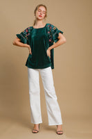 Umgee Velvet Top with Floral Embroidery in Hunter Green